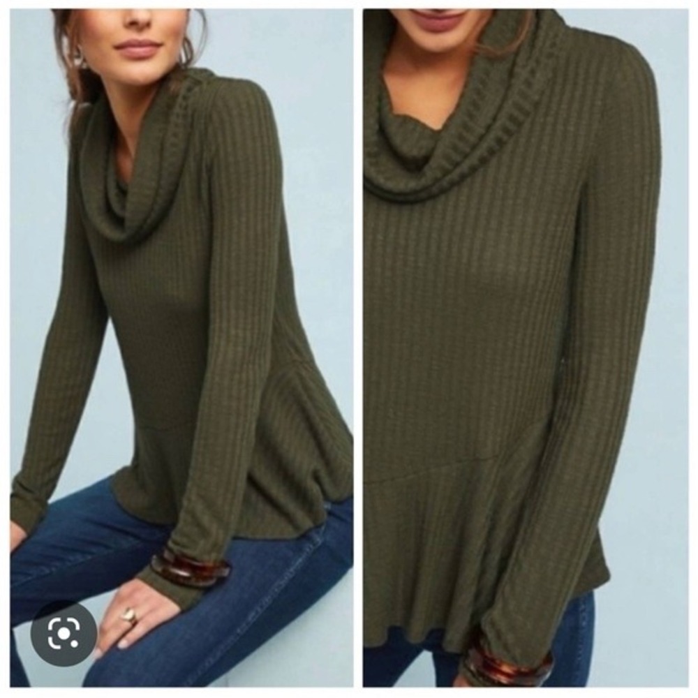 Maeve Anthropologie Olive Green Ribbed Cowl Neck Asymmetrical Peplum Top Small